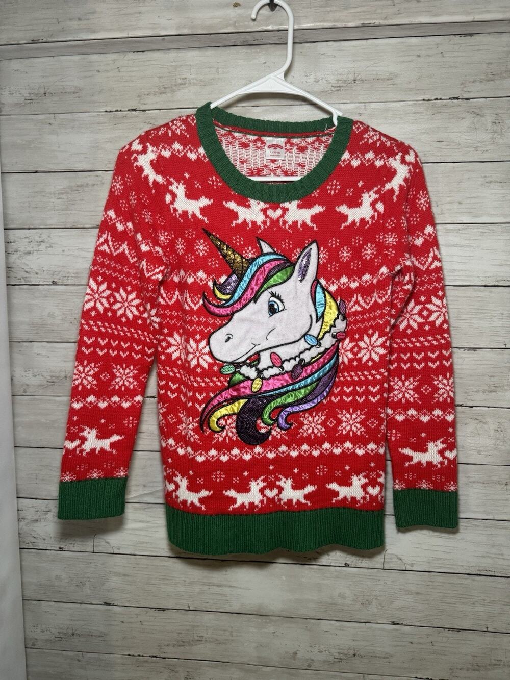 Holiday Time Girls Christmas Sweater Unicorn Colorful Sequins Large 10 - 12